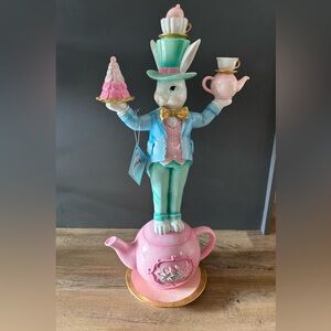 Whimsical Rabbit Teapot Holiday Decor - Pink and Blue